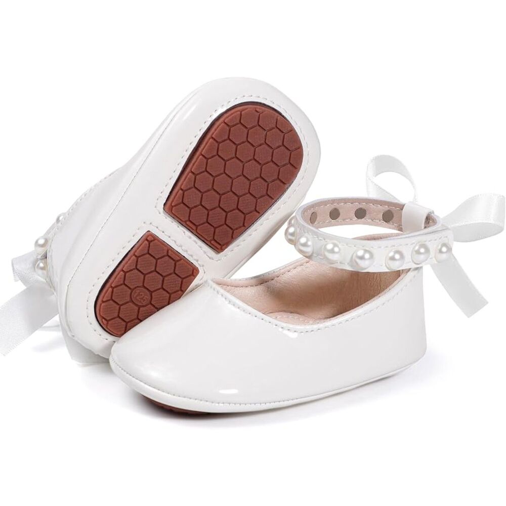 Baby Girl Mary Jane Crib Shoes Pearl Ankle Strap Satin Bow Wedding Baptism